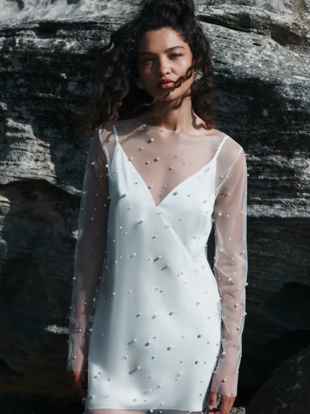 Shona Joy White Pearl-Embellished Sheer-Sleeve Mini Dress NEW WITH TAGS
